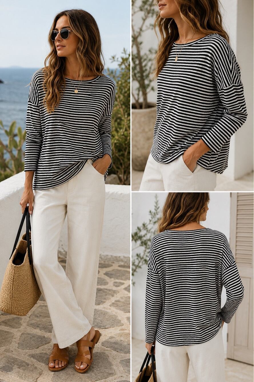 AllSaints Rita Stripe Tee M Black White Relaxed Fit Long Sleeve Elevated Capsule